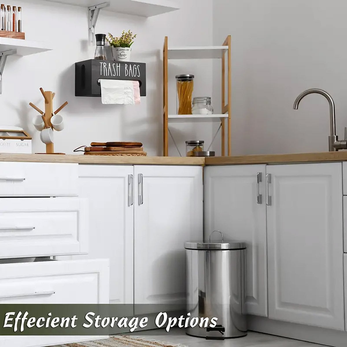 Nutshell wall-mounted trash bag dispenser in a stylish kitchen setup for efficient storage options