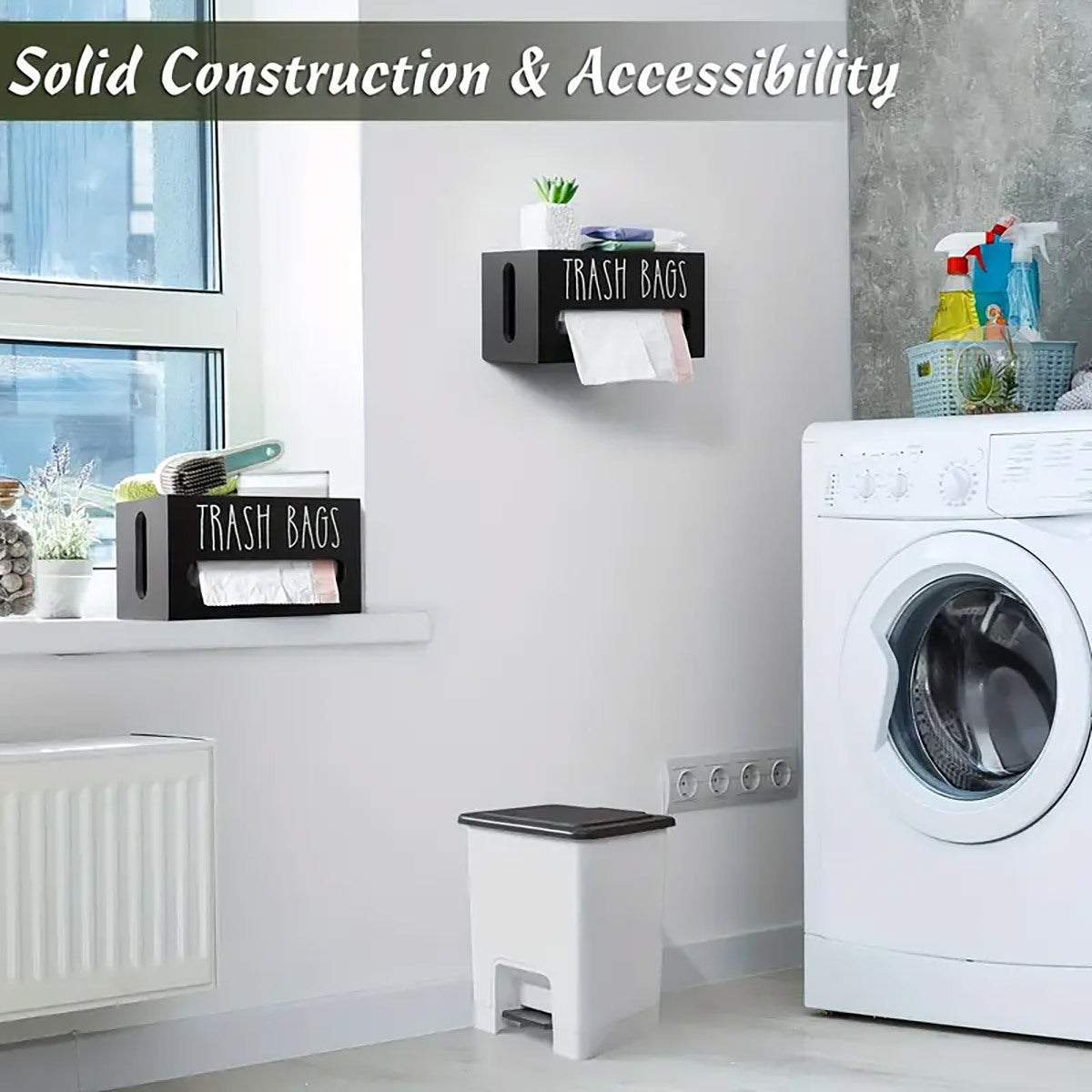 Nutshell wall-mounted trash bag dispenser in a modern kitchen for easy access and organization