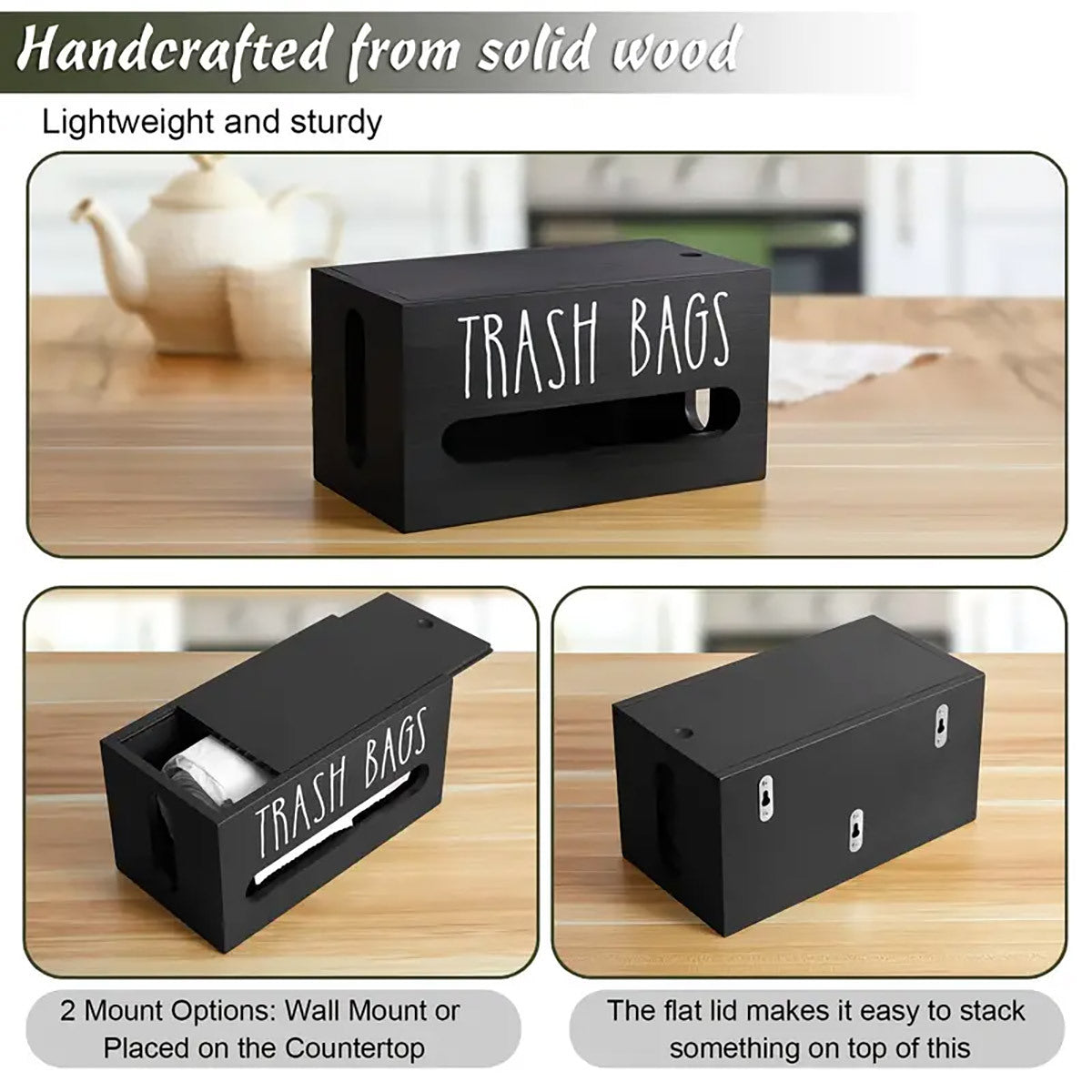 Nutshell wall-mounted trash bag dispenser made of solid wood with two mounting options for versatile use