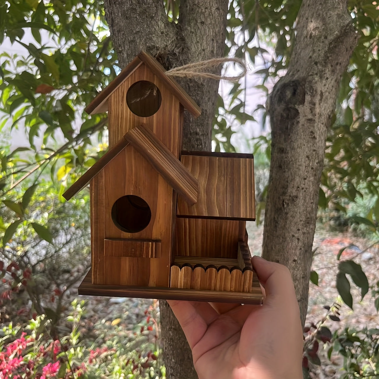 Handcrafted Wooden Birdhouse designed for backyard birds with a charming rustic appearance