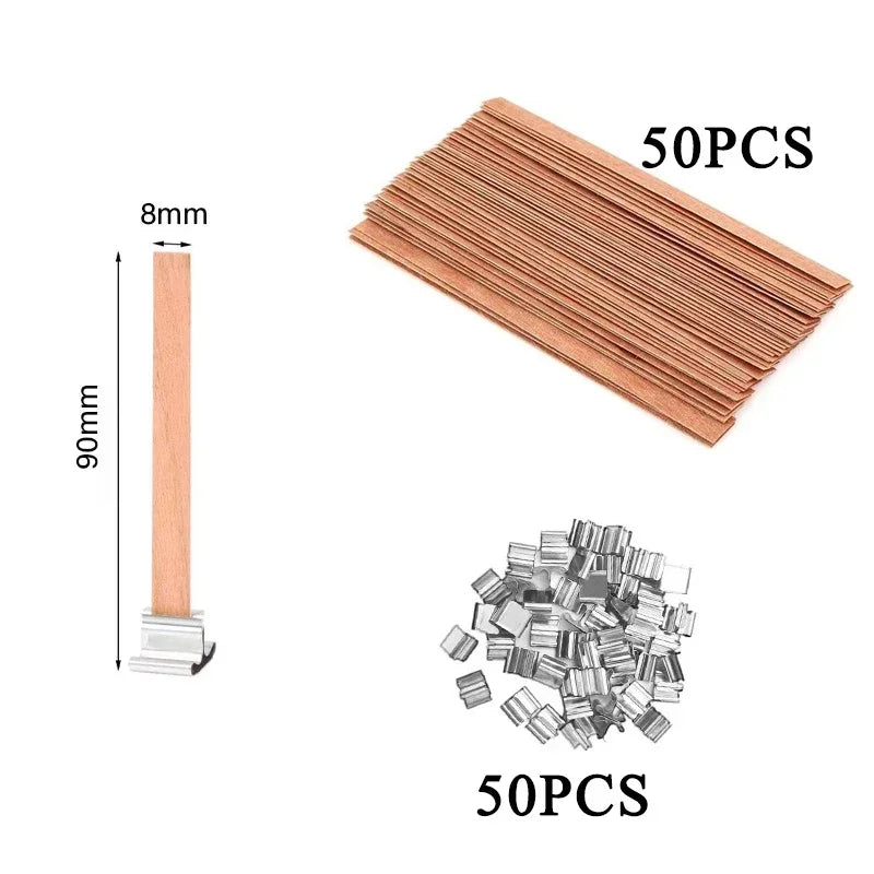 Pack of 50 Nutshell wooden candle wick strips with metal bases measuring 90mm by 8mm for candle making