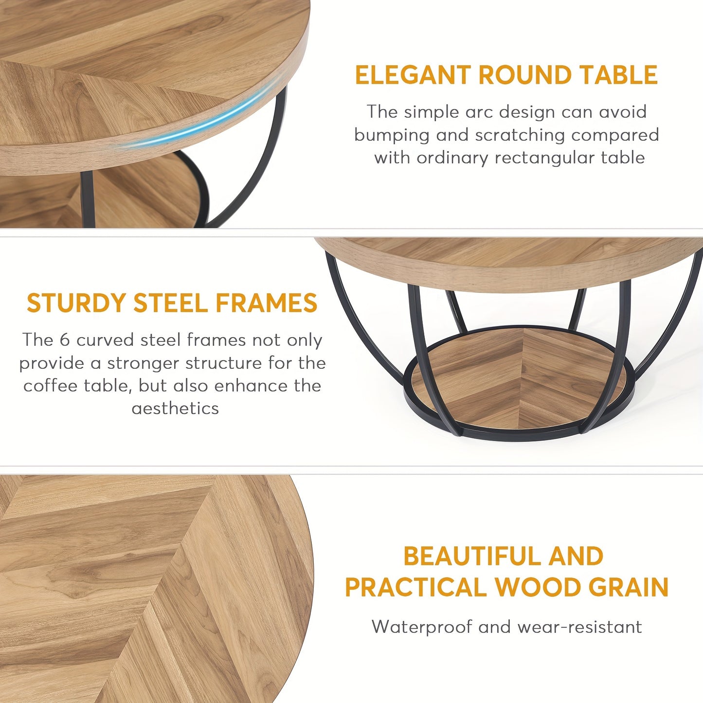 Nutshell wooden circular coffee table with sturdy steel frame and beautiful wood grain design