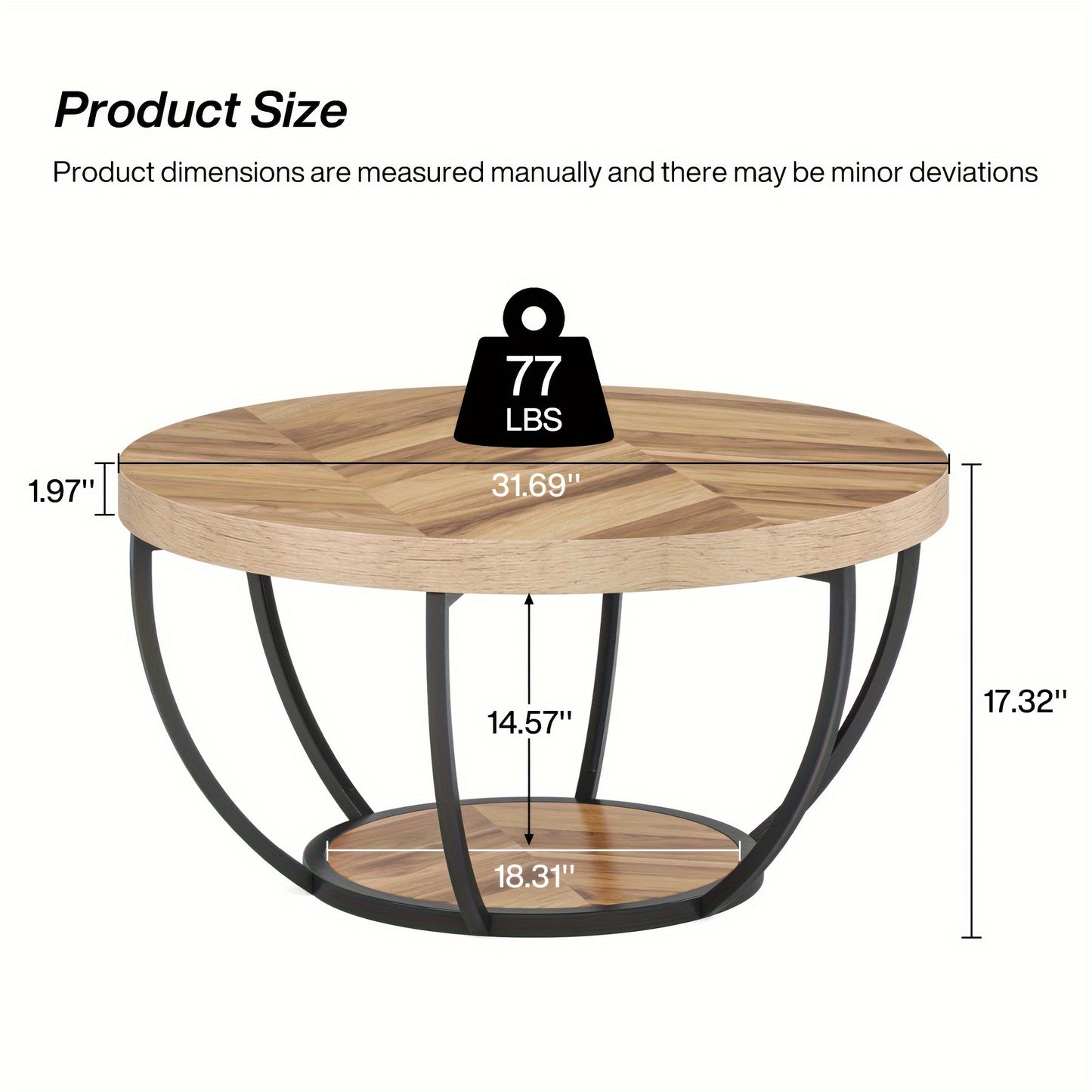 Nutshell wooden circular coffee table with metal frame and detailed product dimensions