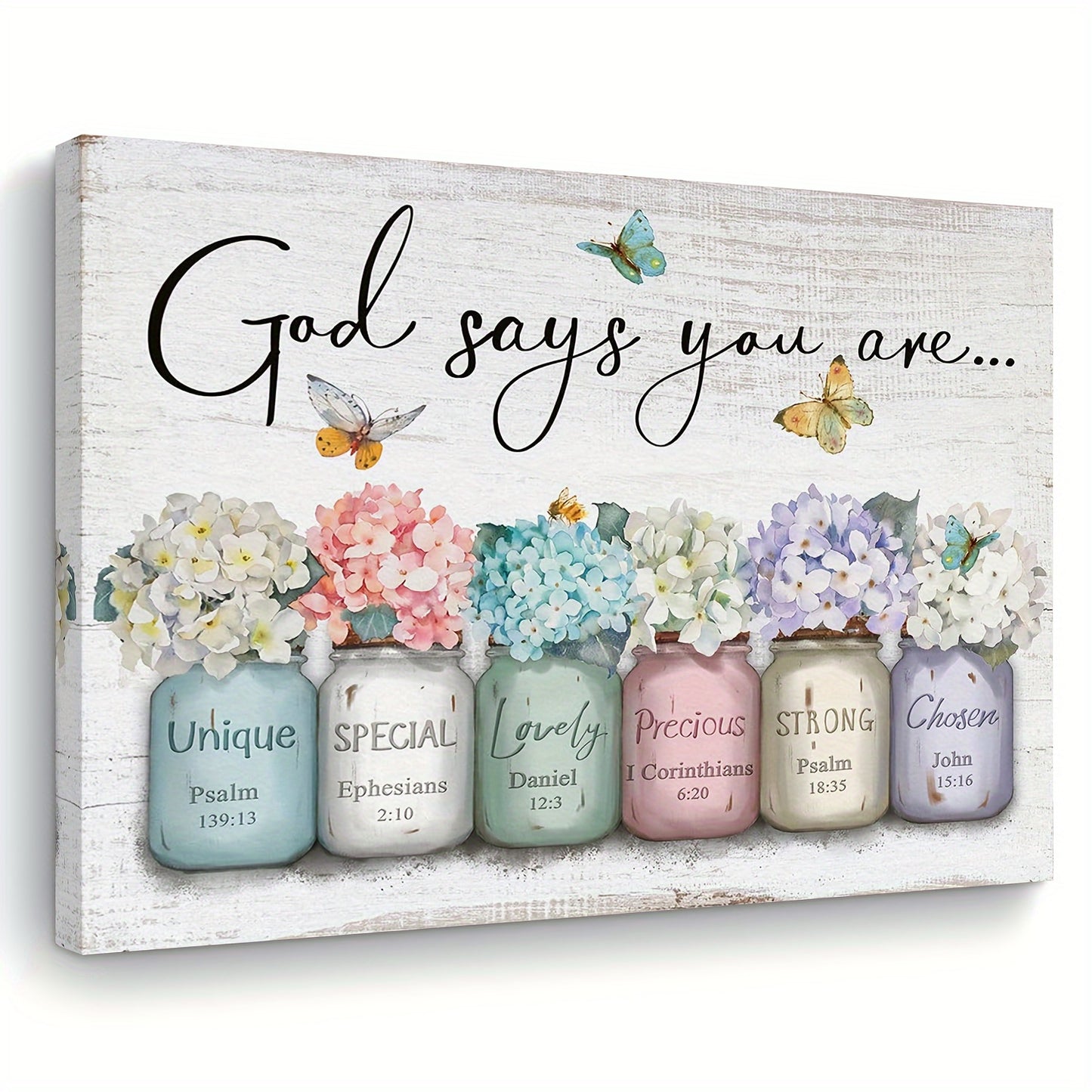 Wooden framed wall quote with colorful flower jars and inspiring messages for home decor