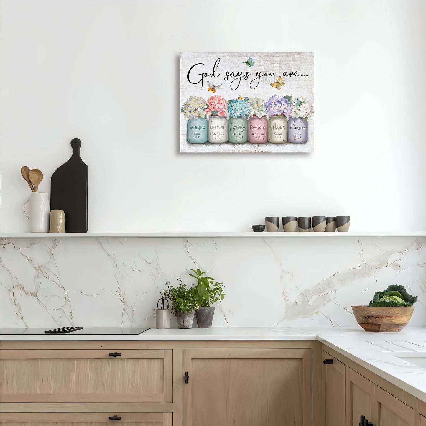 Wooden framed wall quote featuring colorful jars and floral designs with an inspiring message