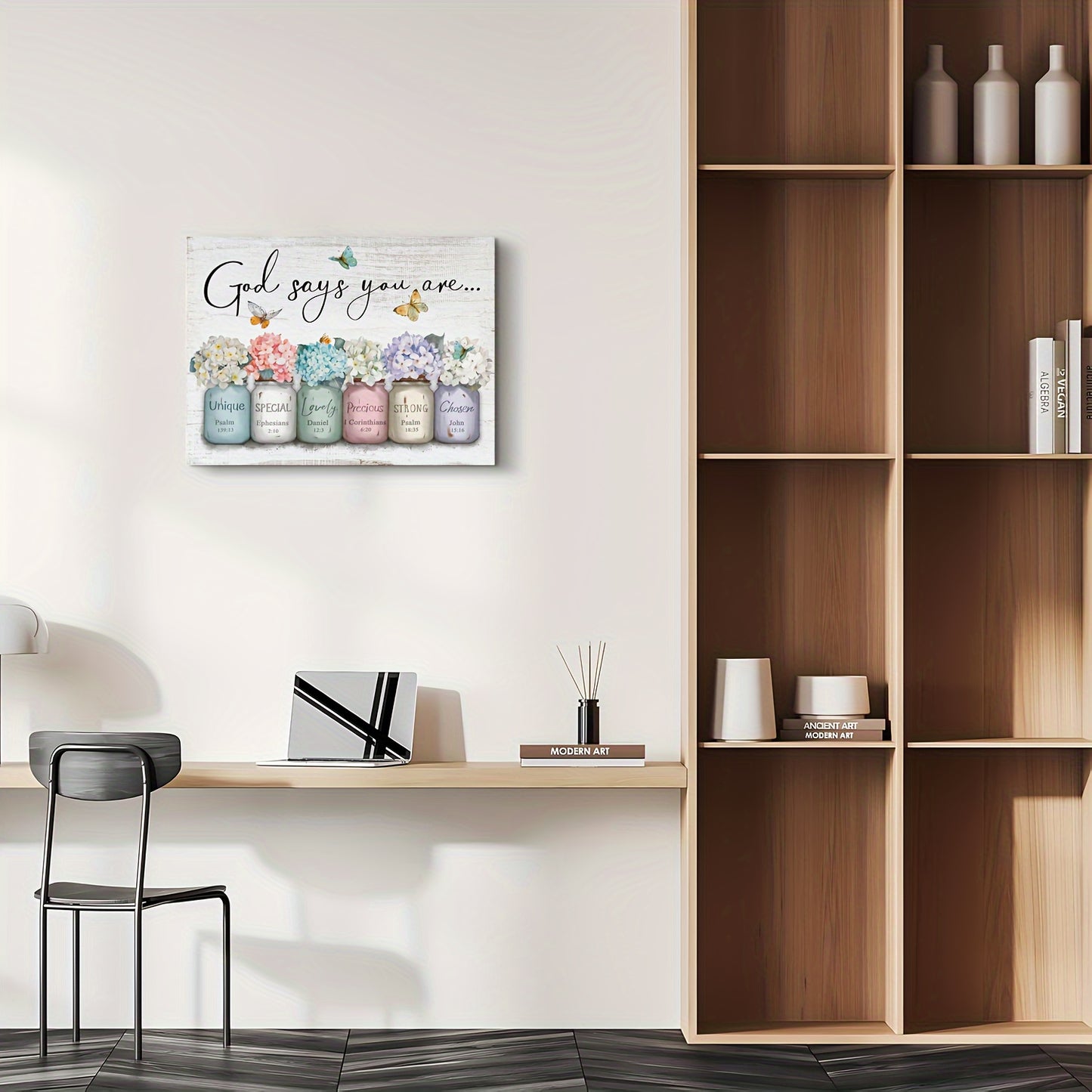 Wooden framed wall quote featuring beautiful floral jars with the text 'God says you are...' for home decor