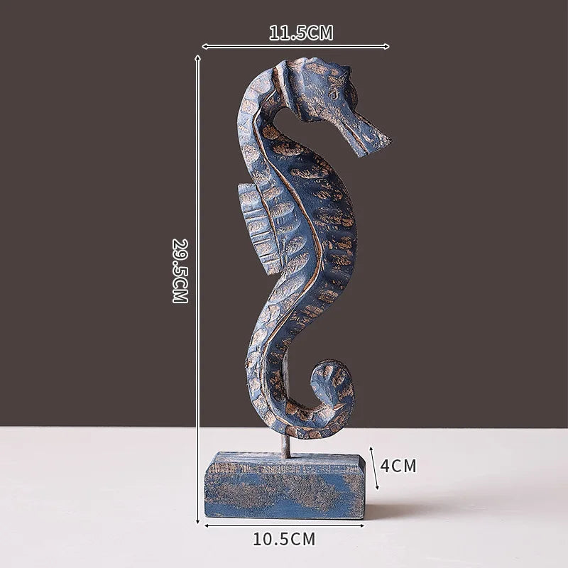 Wooden ocean theme decorations blue seahorse ornament with distressed finish on rectangular base