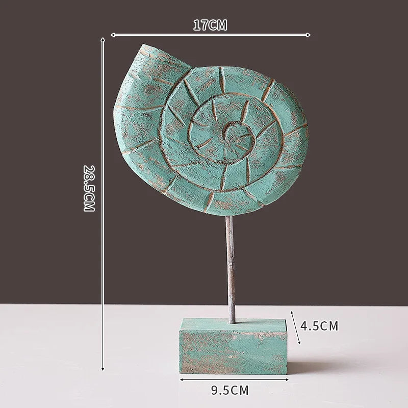 Nutshell wooden ocean theme decorations spiral shell ornament with distressed turquoise finish on stand