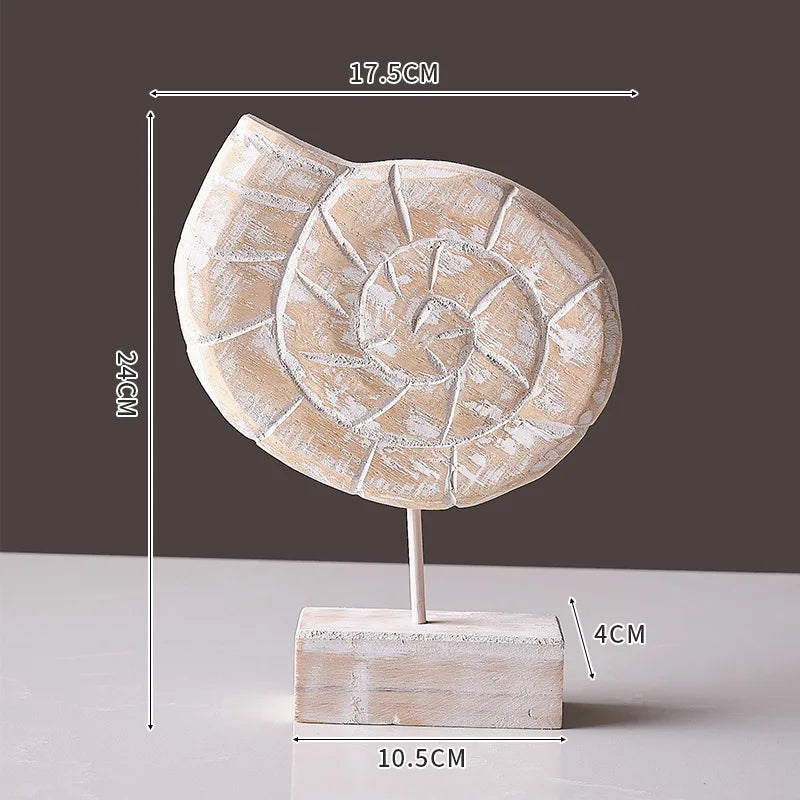 Nutshell wooden ocean theme decorations shaped like a spiral seashell ornament on a stand