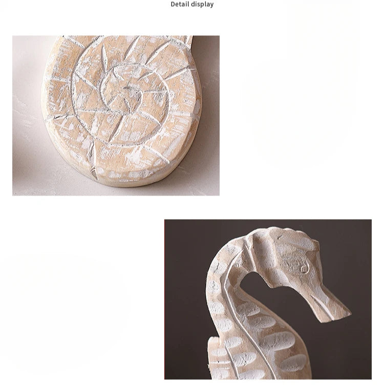 Nutshell wooden ocean theme decorations featuring a carved spiral shell and a seahorse ornament