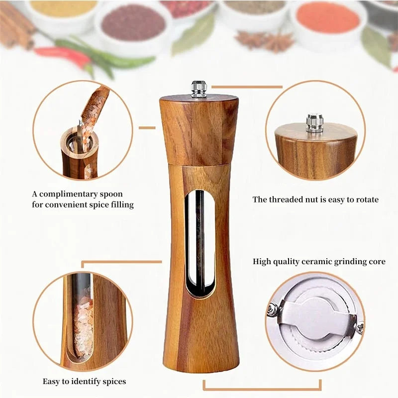 Nutshell wooden salt and pepper grinder set with ceramic grinding core and spice filling spoon