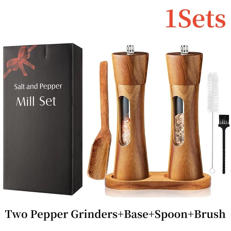 Nutshell wooden salt and pepper grinder set with two mills, wooden base, spoon, and cleaning brushes