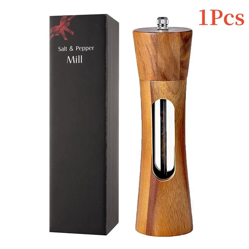 Nutshell wooden salt and pepper grinder set with clear window and black packaging box