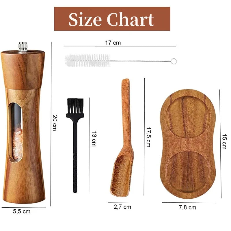 Nutshell wooden salt and pepper grinder set with cleaning brush spoon and wooden tray kitchen organizer