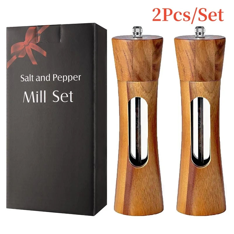 Nutshell wooden salt and pepper grinder set with clear window and black gift box packaging
