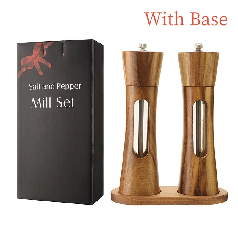 Nutshell wooden salt and pepper grinder set with base in natural wood finish kitchen organizer