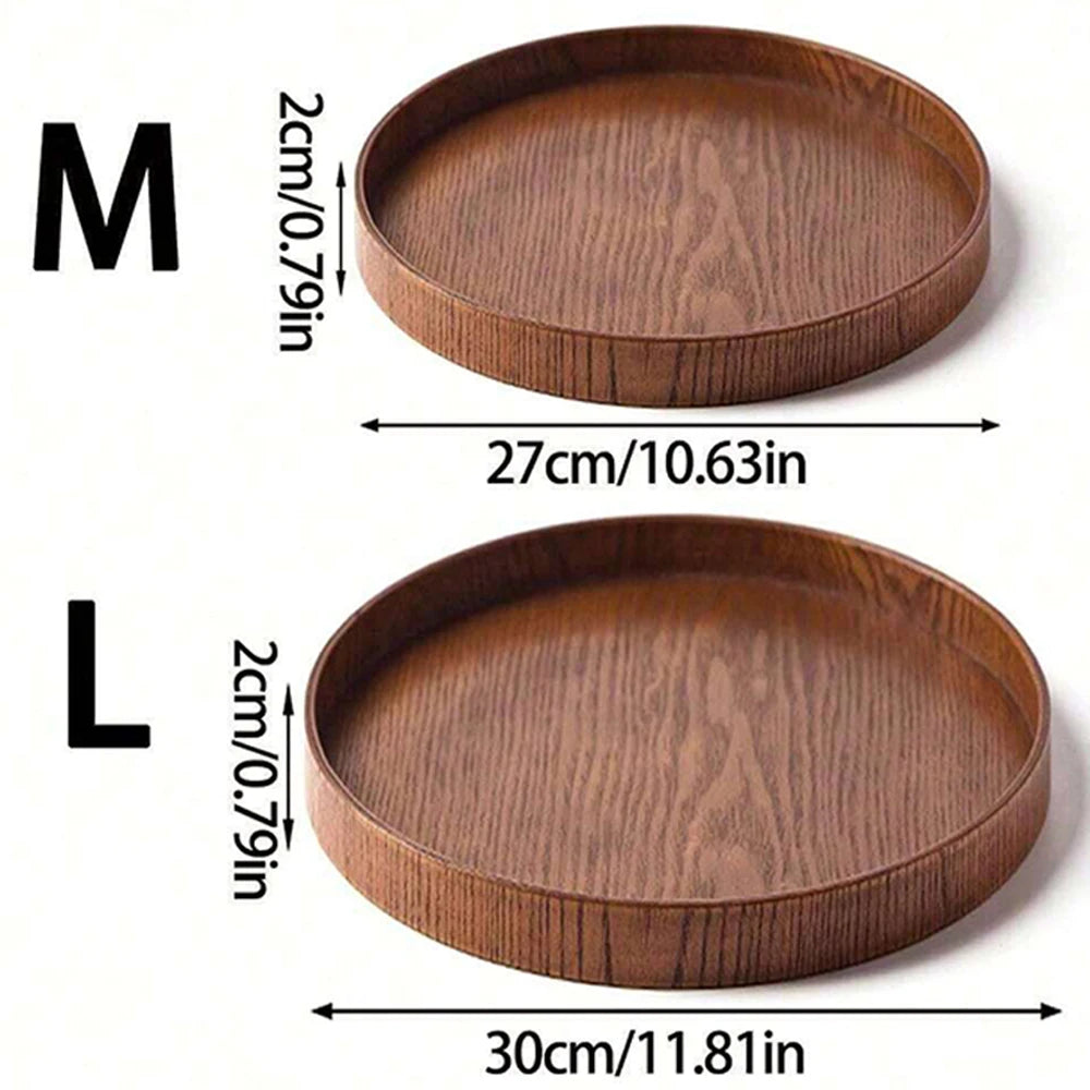 Nutshell wooden serving tray round medium and large sizes with measurements for serving and decor