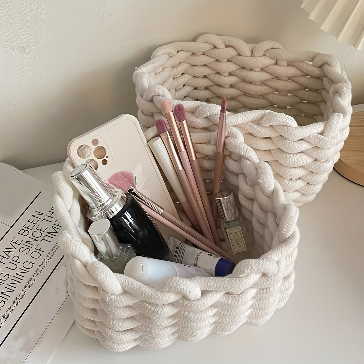 Nutshell woven rope basket storage for organizing beauty products and accessories