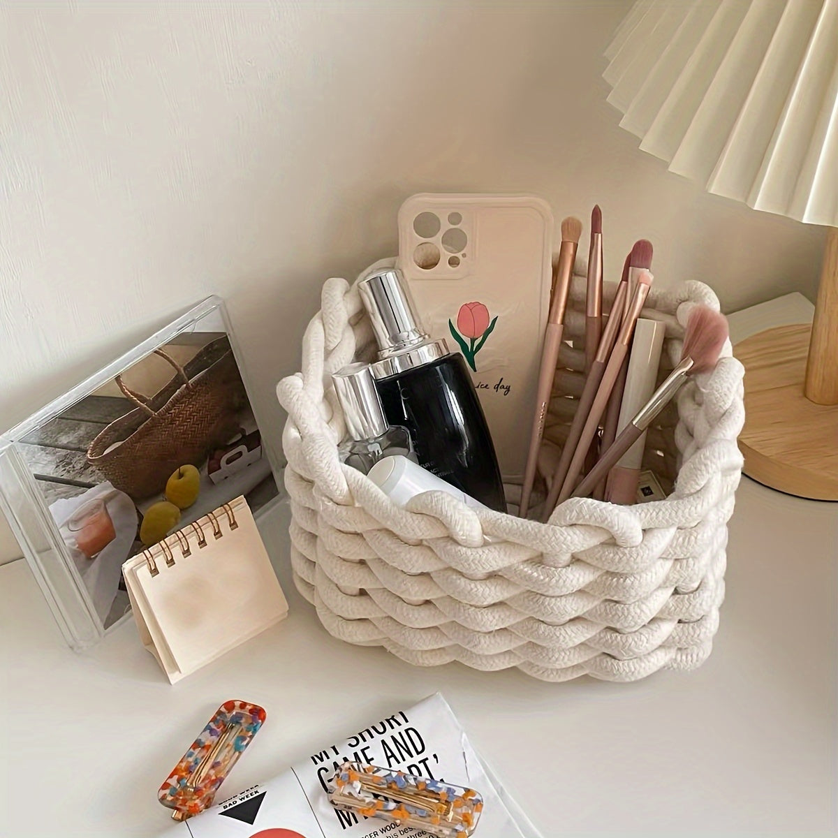 Nutshell woven rope basket storage for organizing cosmetics and daily essentials on a desk