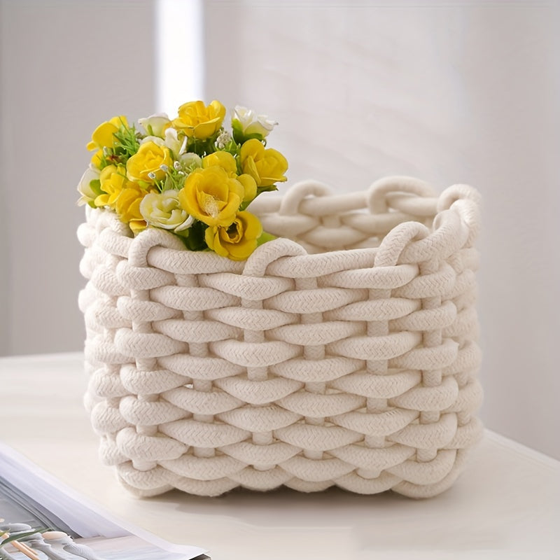 Nutshell woven rope basket storage with floral arrangement on a table for stylish organization
