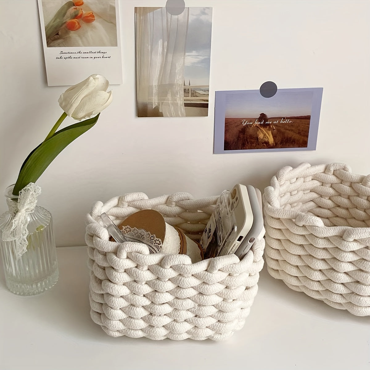 Nutshell woven rope basket storage for organizing and decorative use with a minimalist design