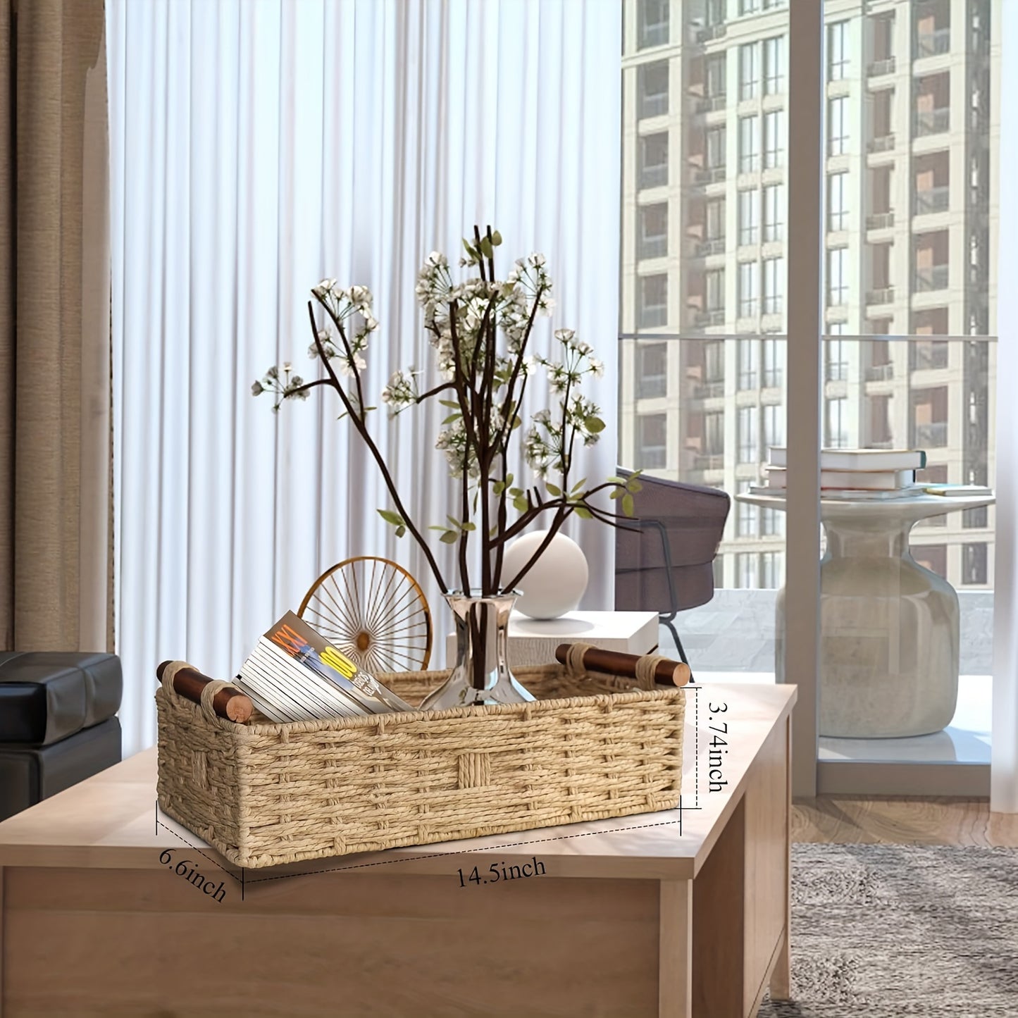 Nutshell woven storage basket on a coffee table with decorative flowers and magazines for home organization