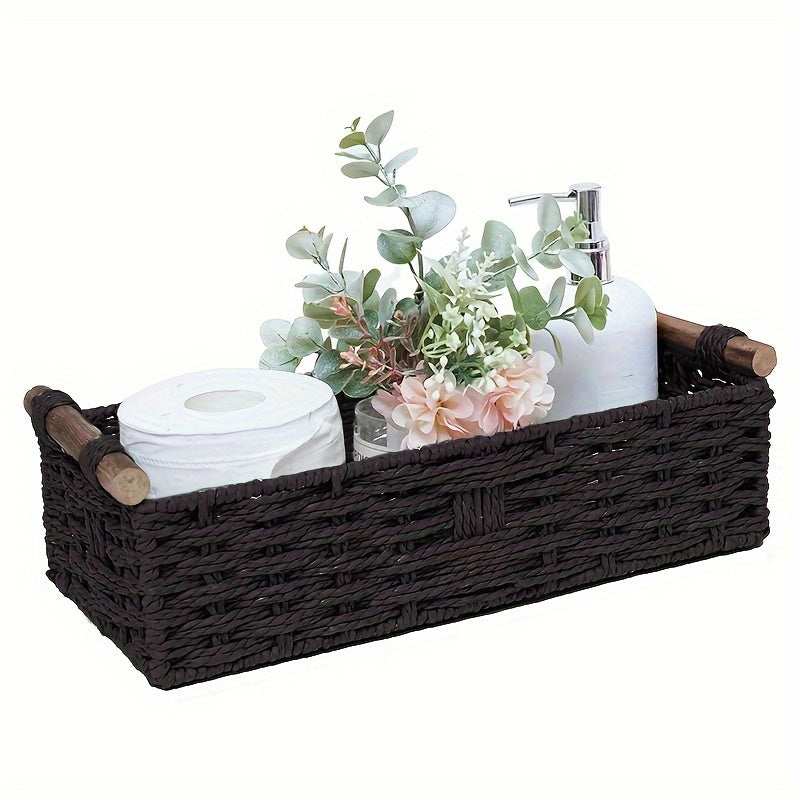 Nutshell woven storage basket filled with decorative flowers and toiletries for stylish organization