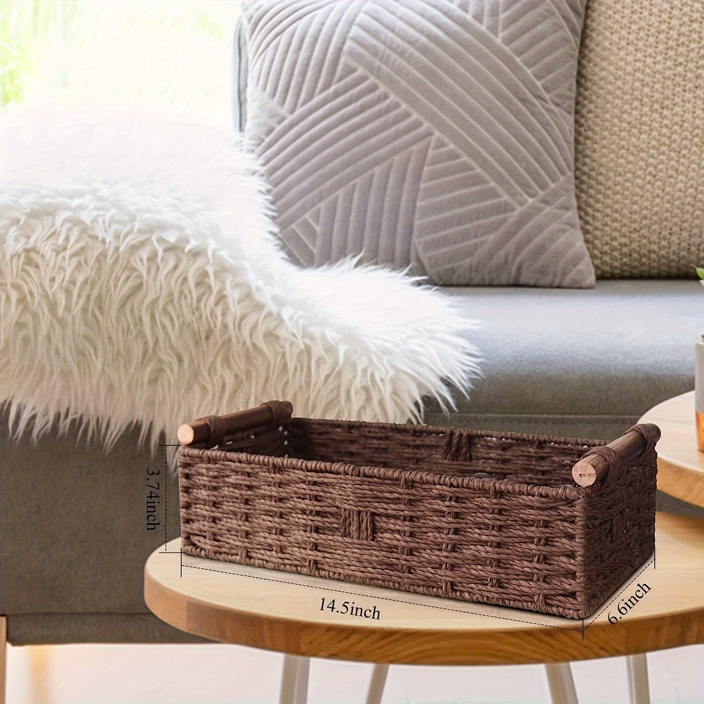 Nutshell woven storage basket in dark brown, ideal for organizing items on a coffee table or shelf