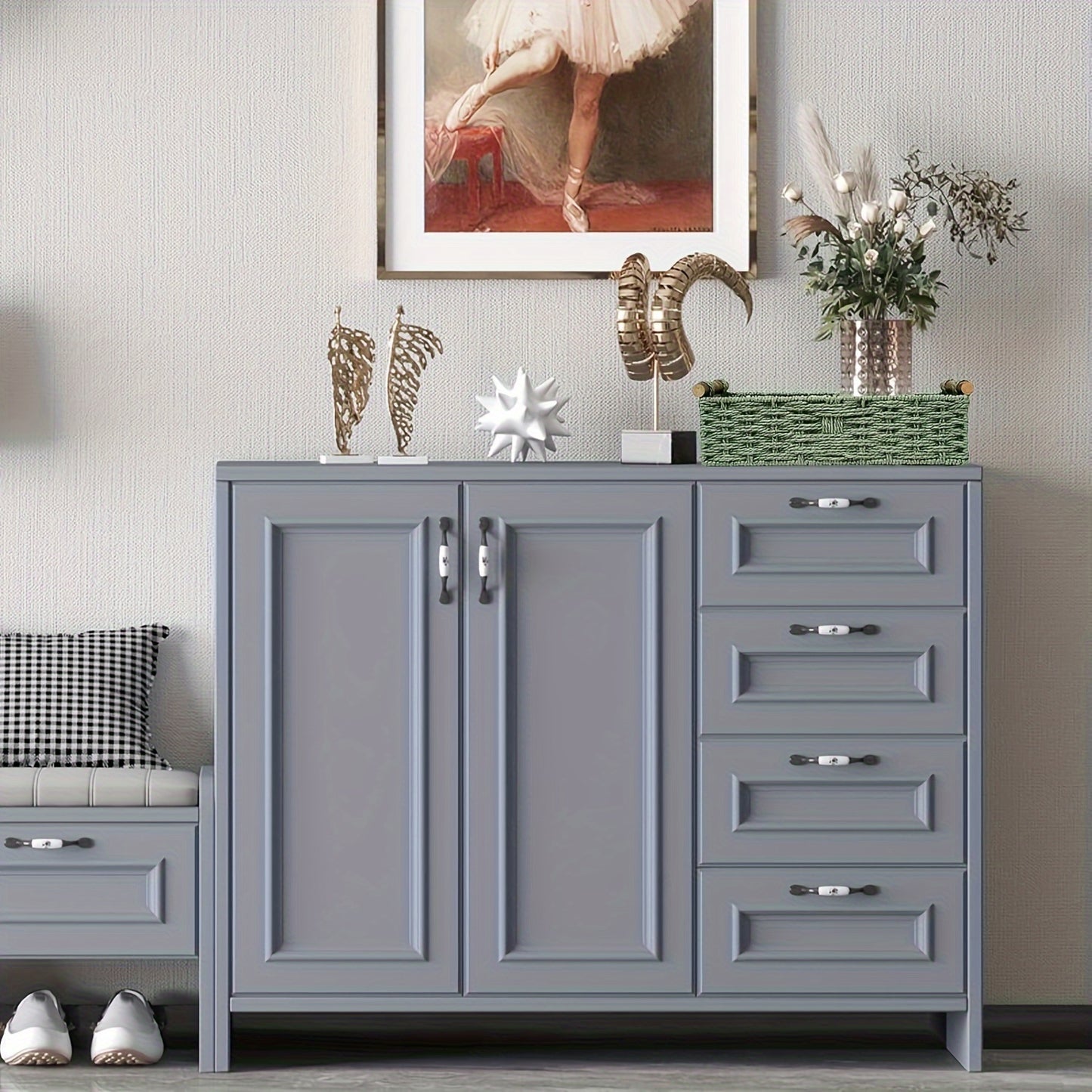 Stylish woven storage basket by Nutshell in a modern living room setting with gray furniture