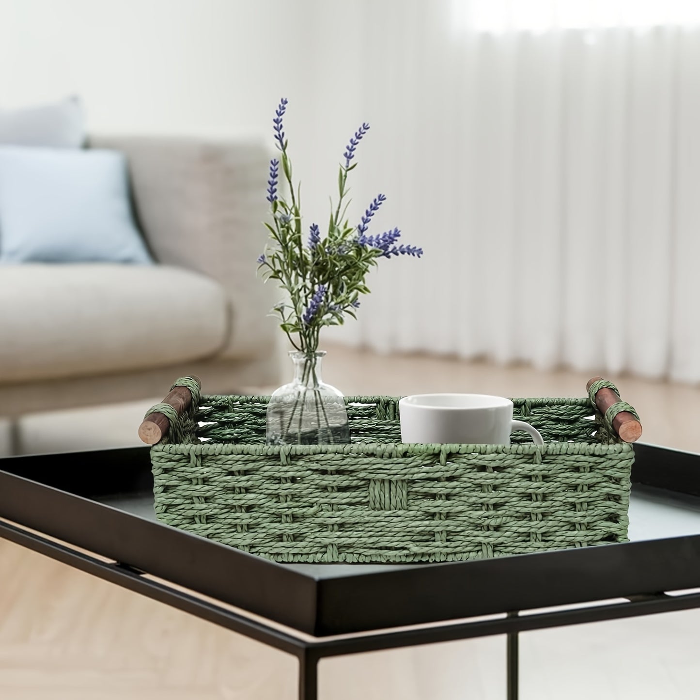 Nutshell woven storage basket in green with handles, perfect for home decor and organization