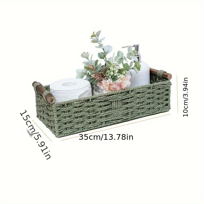 Nutshell woven storage basket in green for organizing bathroom essentials and decorative items
