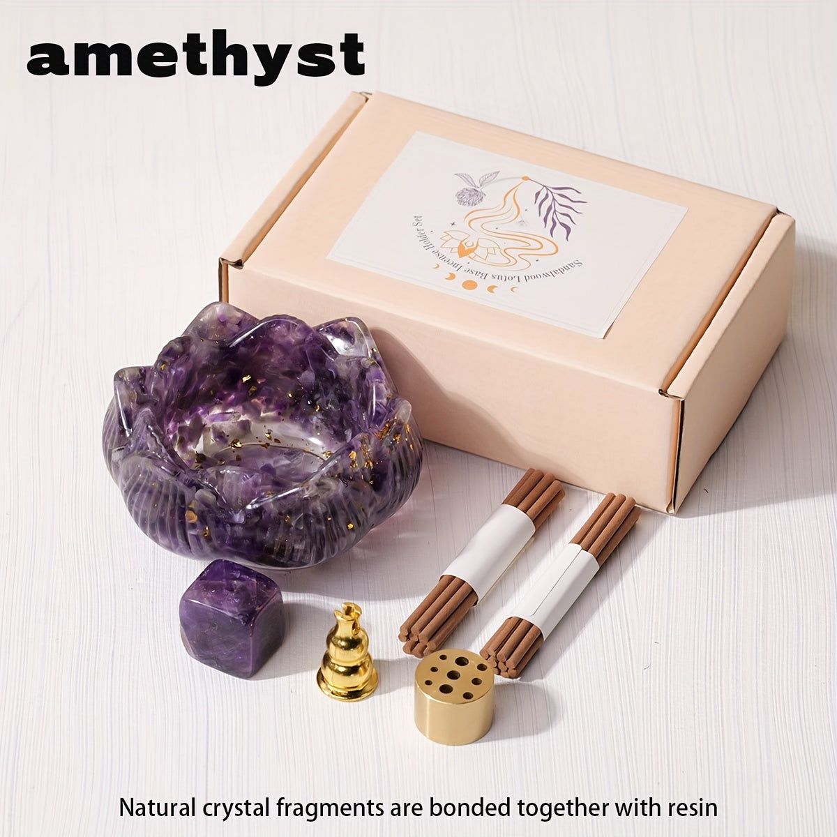Zen lotus incense burner set with amethyst crystal holder and incense sticks for calming spaces