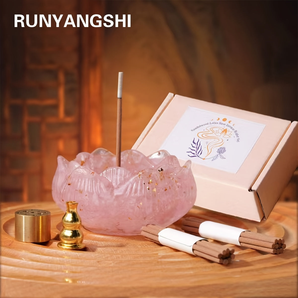 Zen lotus incense burner set from Nutshell with a decorative pink holder and incense sticks