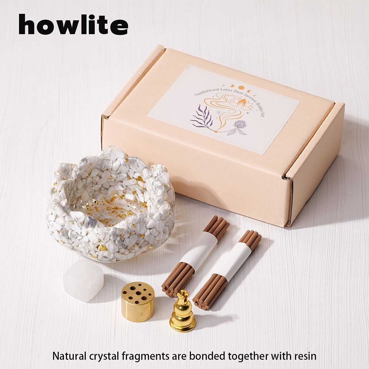 Zen lotus incense burner set with natural crystal fragments and incense sticks in a stylish gift box