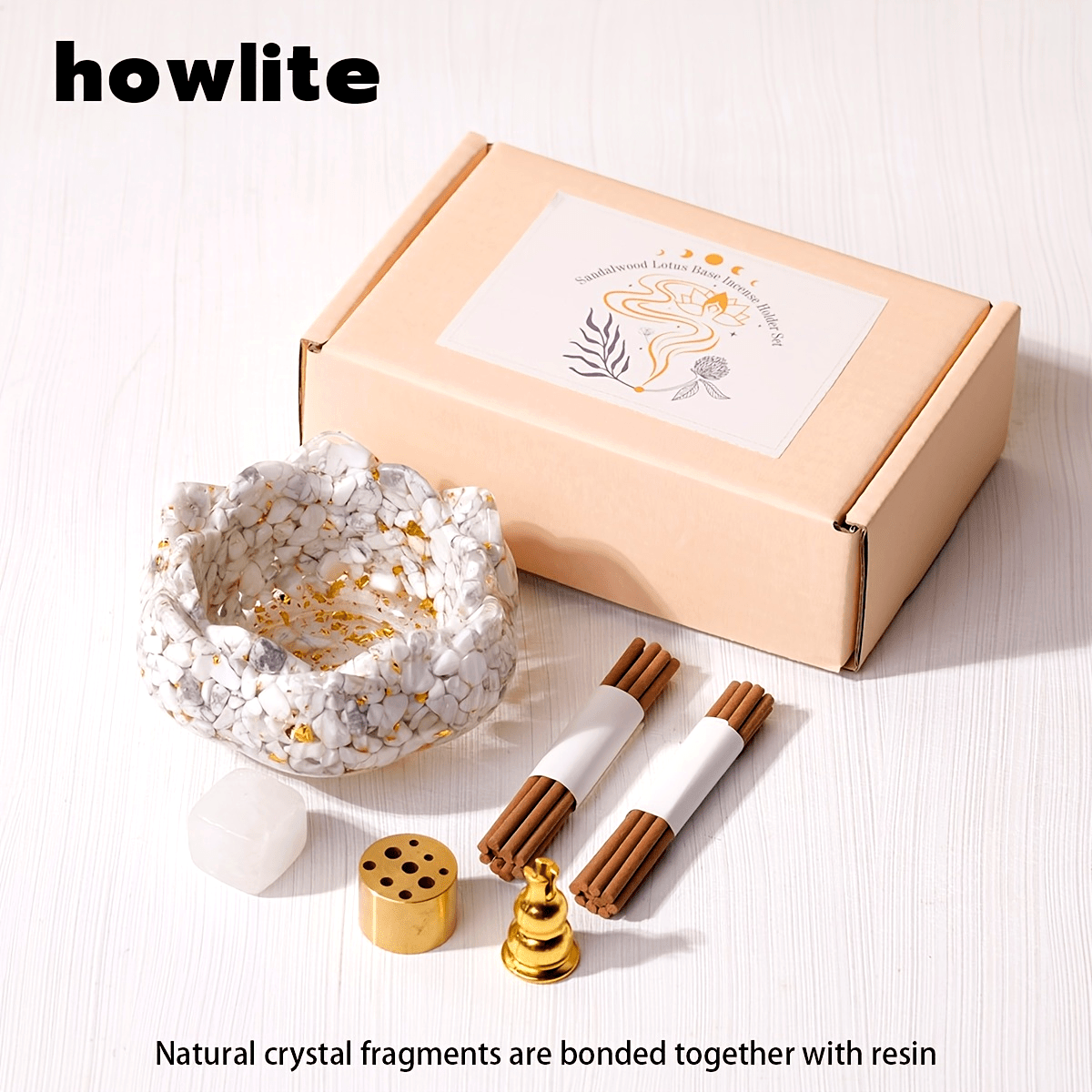 Zen lotus incense burner set with natural crystal fragments, incense sticks, and a beautiful holder