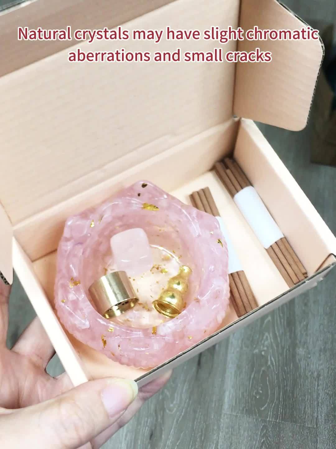 Nutshell Zen lotus incense burner set in a decorative box with incense sticks and crystals
