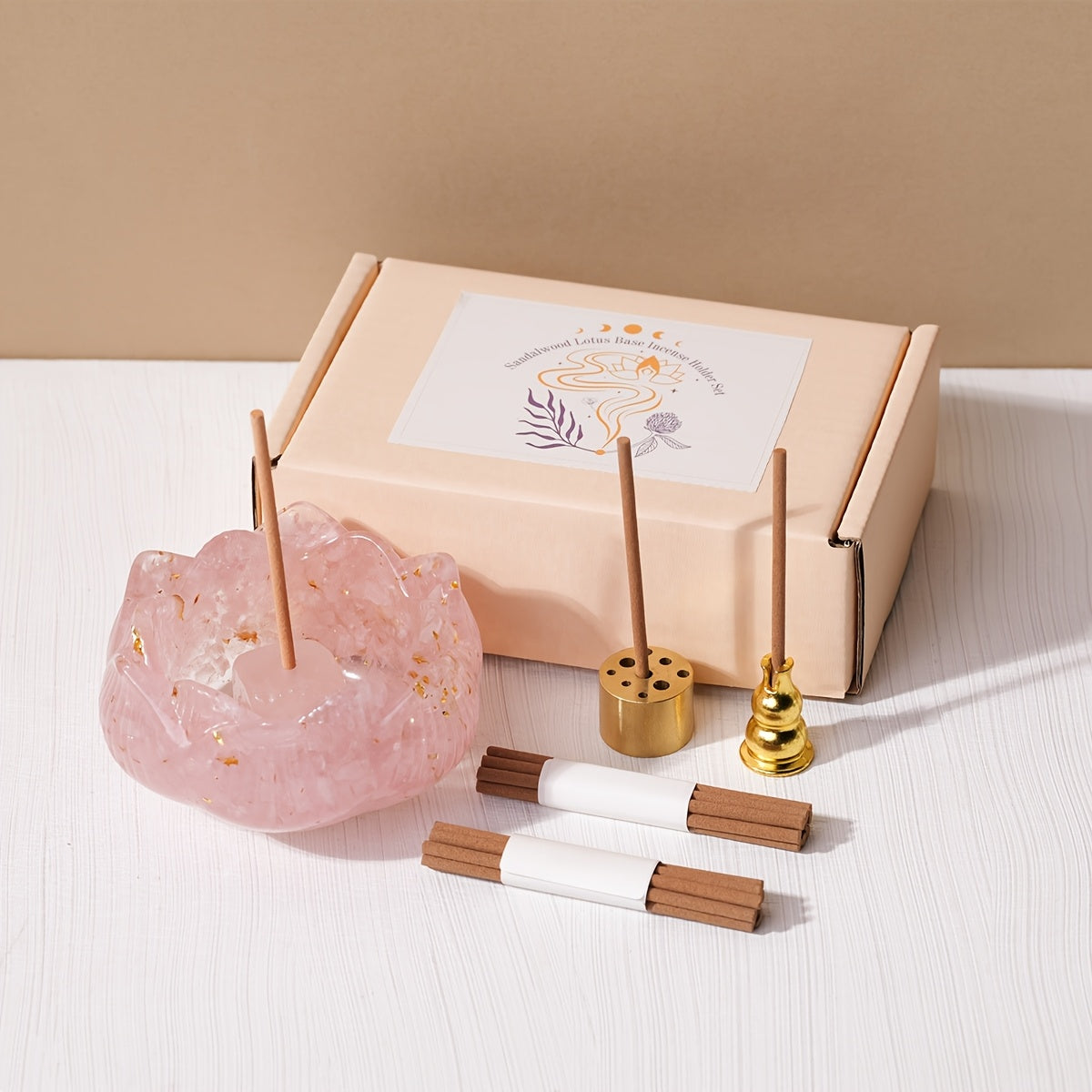 Zen lotus incense burner set with pink lotus holder and accessory tools for a calming atmosphere
