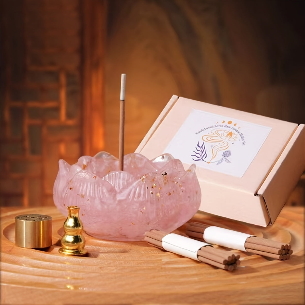 Zen lotus incense burner set with pink lotus holder, incense sticks, and brass accessories for relaxation