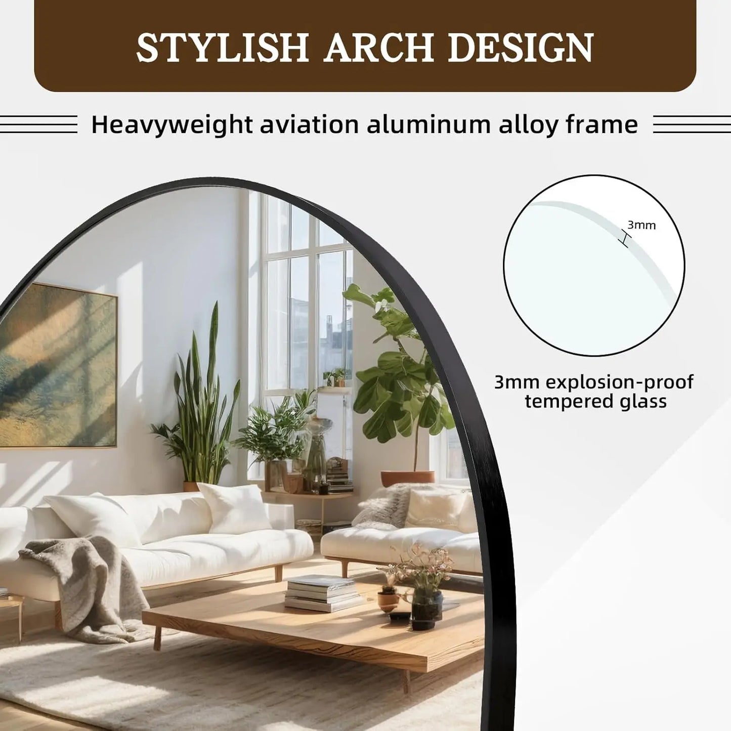 Nutshell arched full length floor mirror with black aluminum frame reflecting bright living room with sofa plants and coffee table
