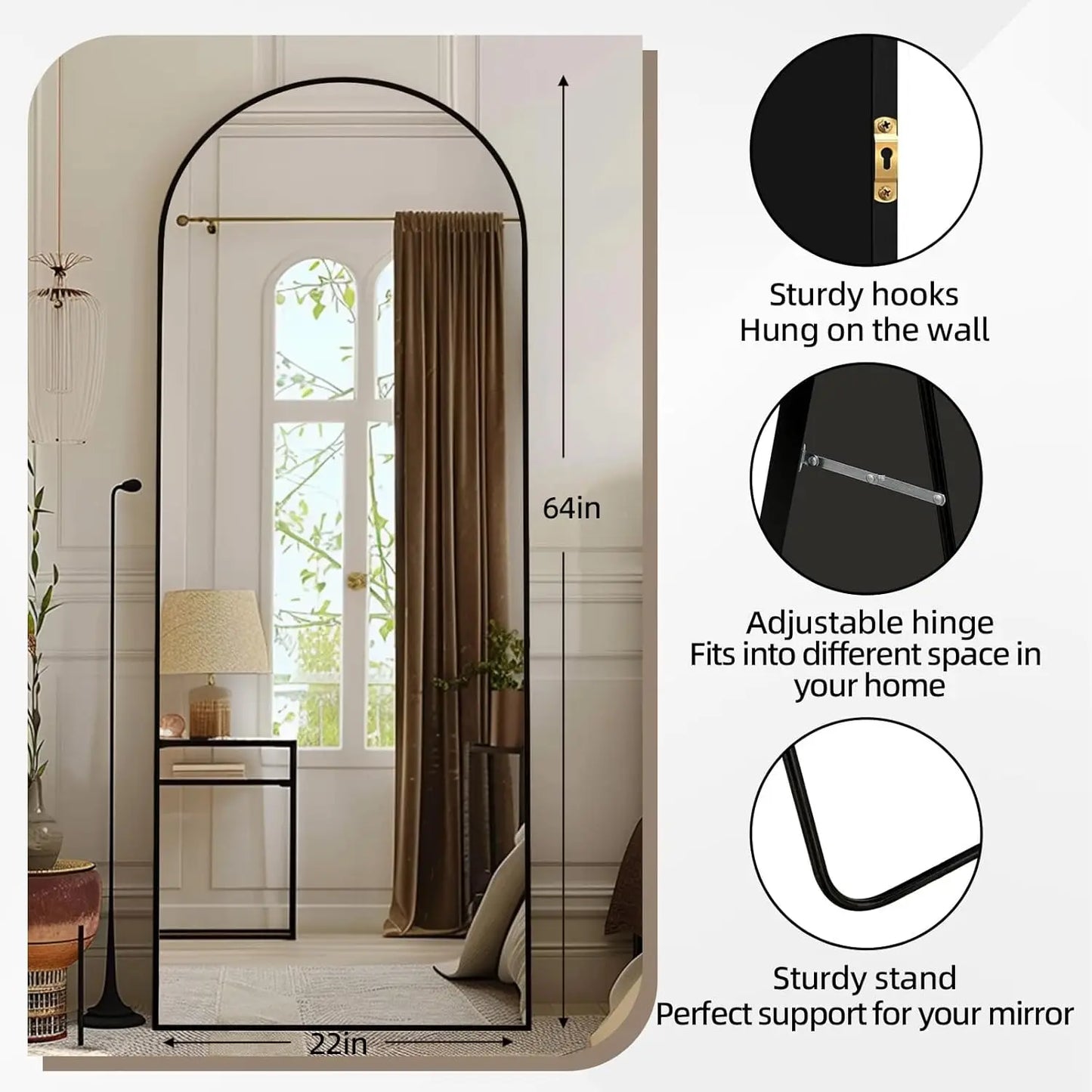 Nutshell arched full length floor mirror black metal frame 64 in by 22 in with stand and wall hooks