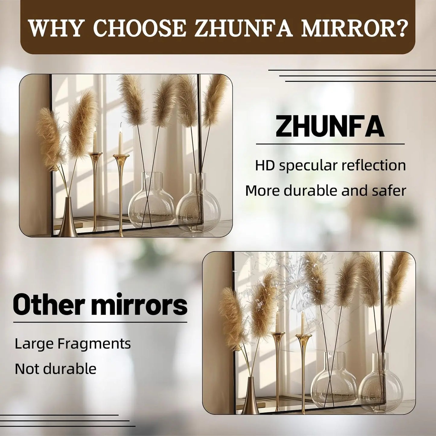 Nutshell arched full length floor mirror showing HD reflection of glass vases and pampas grass