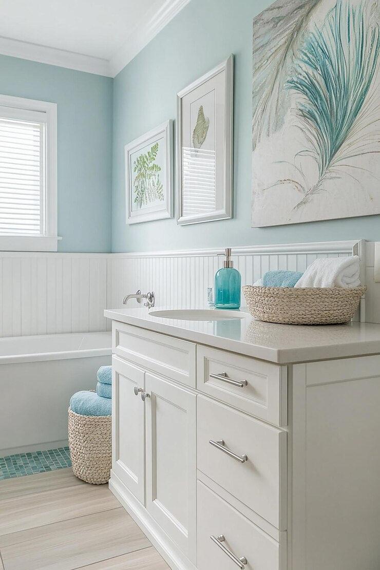 Stylish bathroom with modern fixtures, blue accents, and natural decor elements