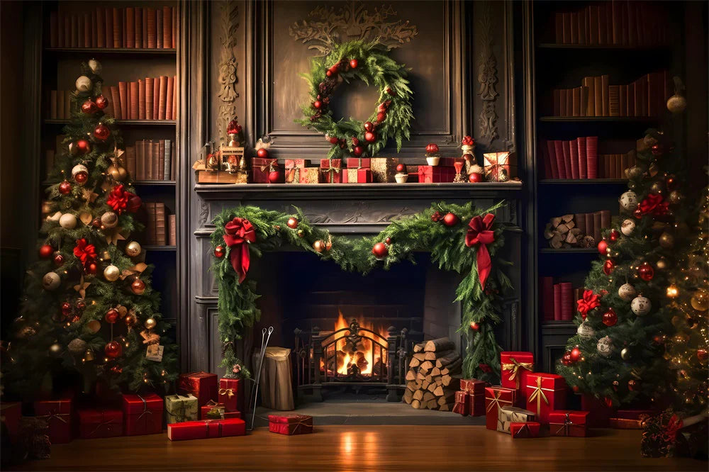 Elegant Christmas decor collection featuring decorated trees, a festive mantel, and warm holiday decorations