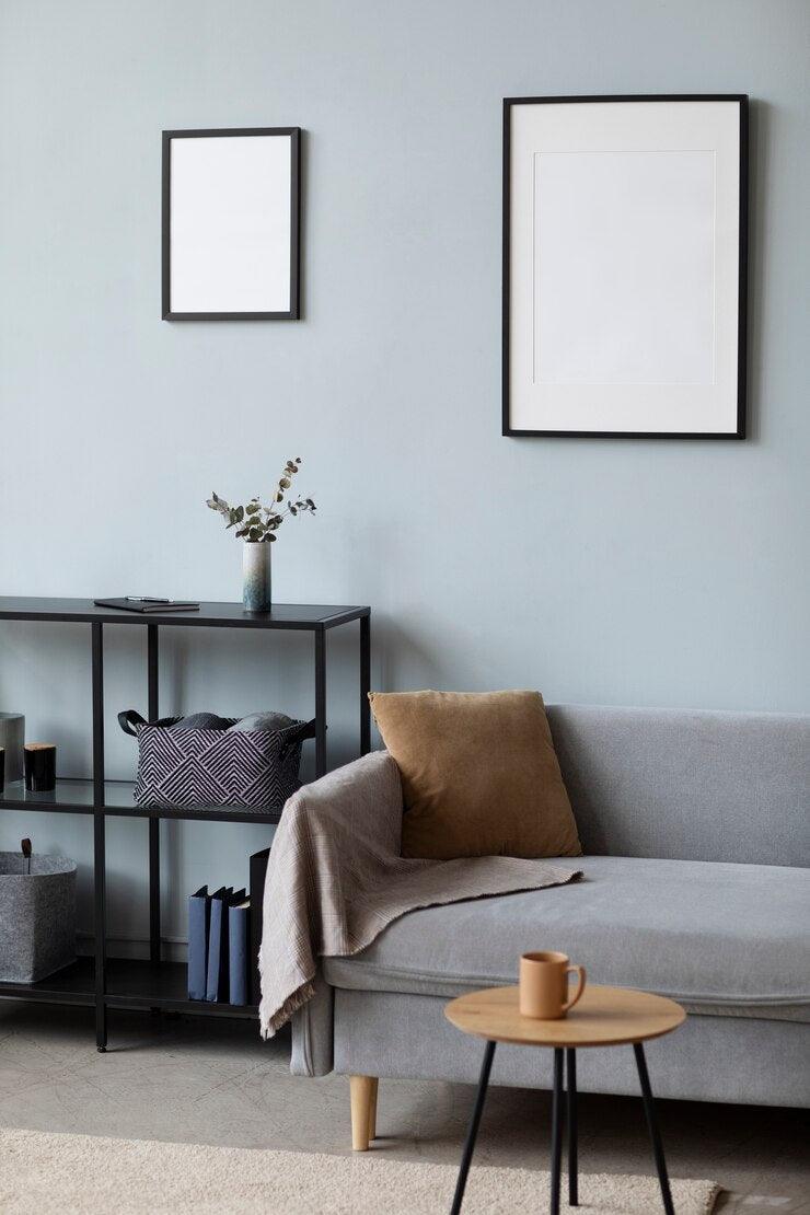 Stylish Living Room with a Comfortable Couch, Minimalist Decor, and a Cozy Atmosphere