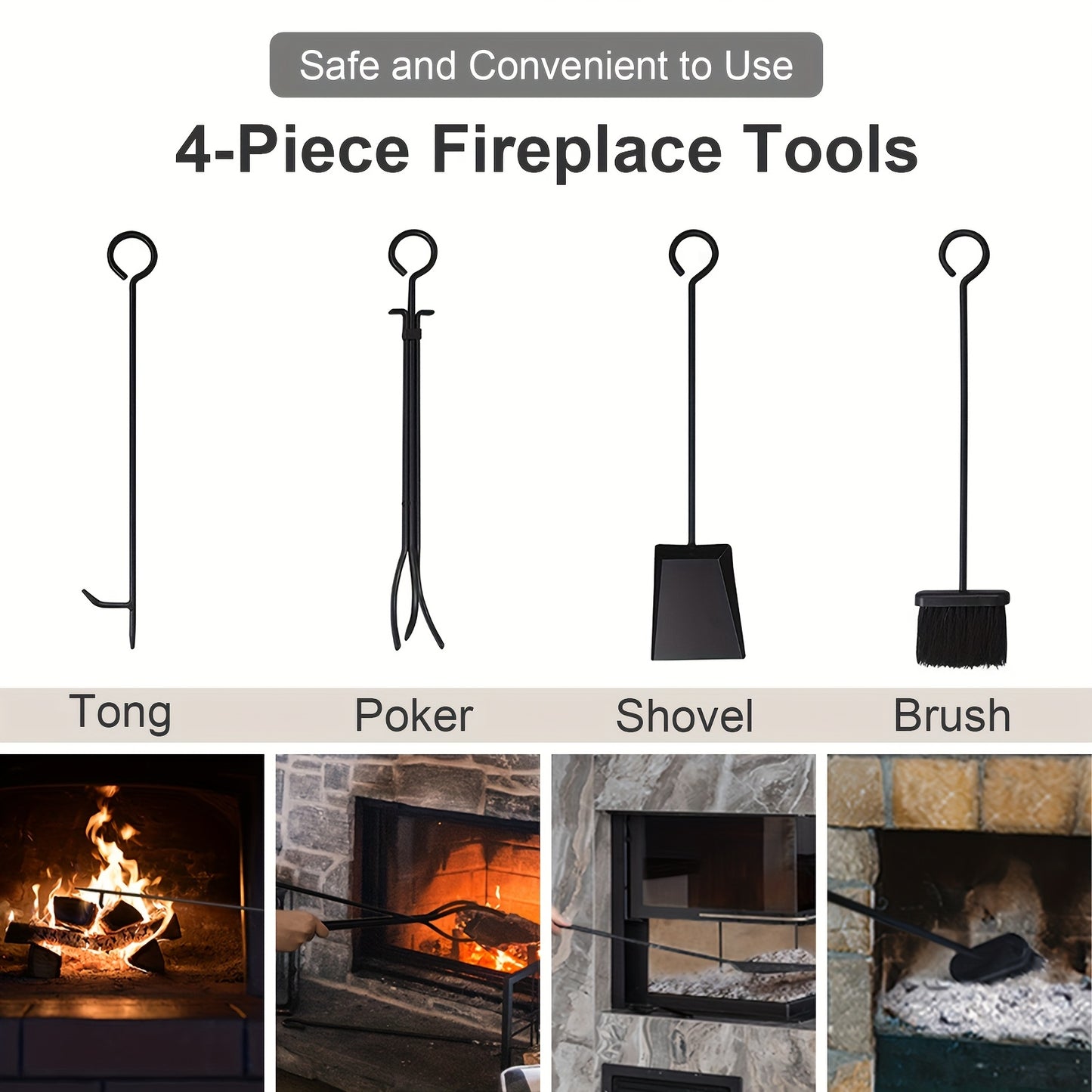 5pcs Indoor Outdoor Wrought Iron Firewood Log Storage Rack Holder Firepit Tools Set for Fireplace, Fire Pit, Stove W/Hook, Broom, Shovel, Tongs