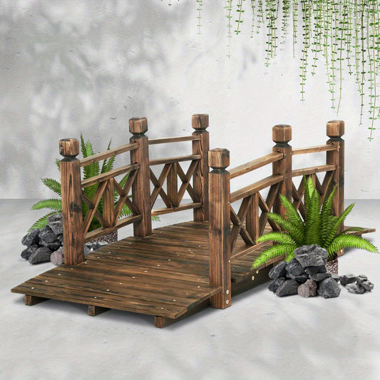 150cm Rustic Wooden Bridge Decor Garden Ornament with decorative plants and rocks for enhancing garden aesthetics