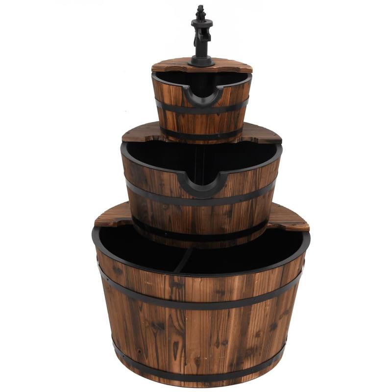 Nutshell solar waterfall fountain in a rustic wooden barrel design for garden decoration