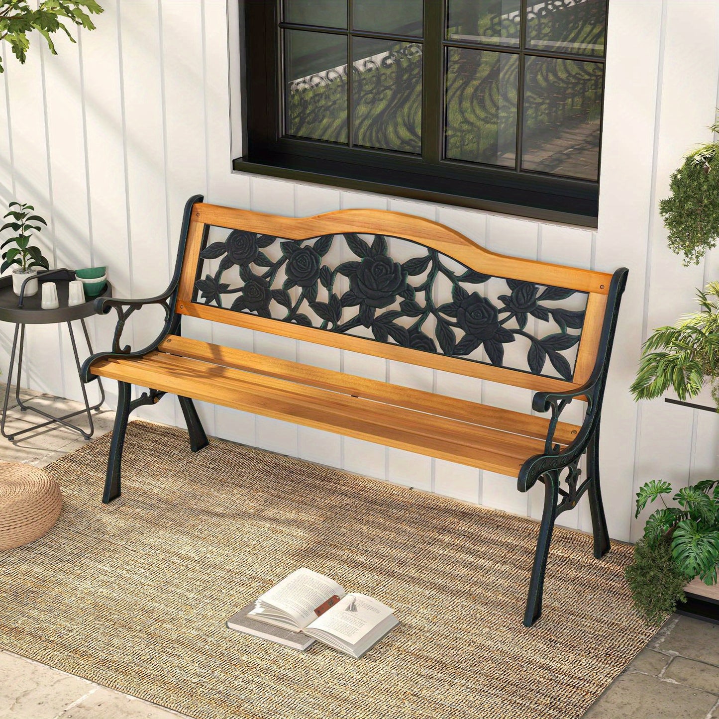 Nutshell 3-Seater Rose Pattern Wooden Bench