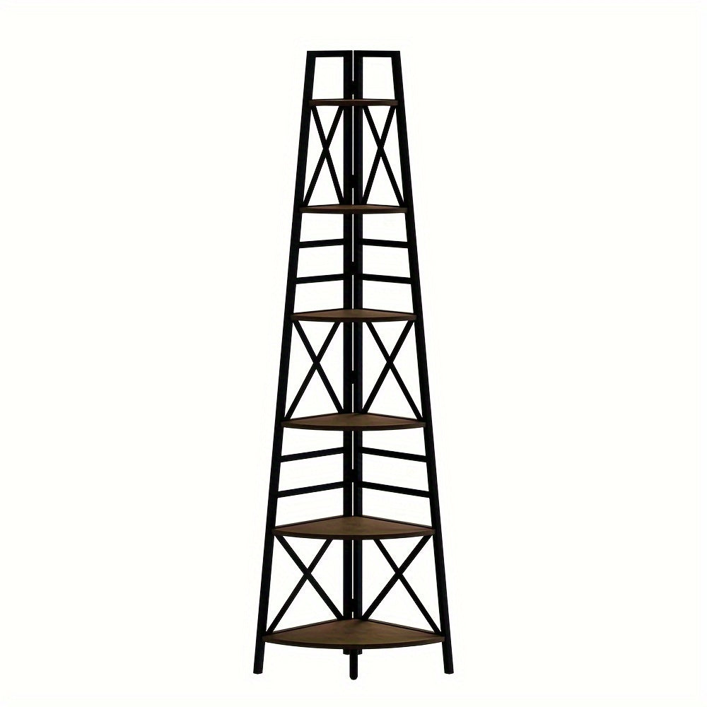 6-Tier Rustic Brown Corner Bookshelf with Metal Frame