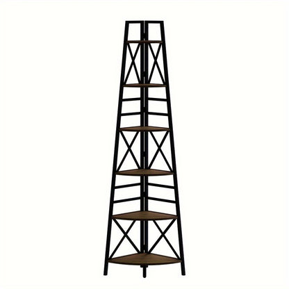 6-Tier Rustic Brown Corner Bookshelf with Metal Frame